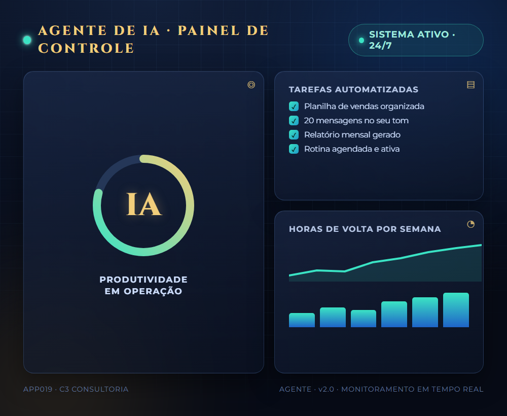 Painel de controle do Agente de IA: tarefas automatizadas, produtividade e horas economizadas monitoradas em tempo real