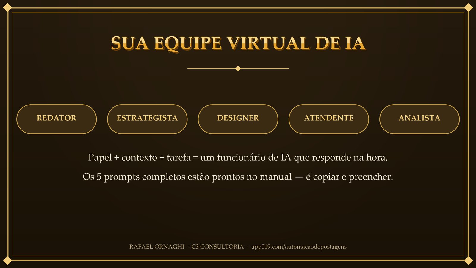 Slide 5 de 8: a equipe virtual de IA — redator, estrategista, designer, atendente e analista