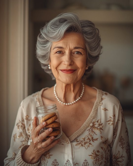 Simulação de post da personagem senhora com pote de biscoitos