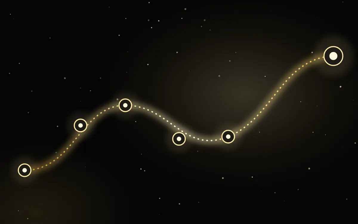 Ilustração de um caminho dourado com seis marcos iluminados, do diagnóstico ao lançamento