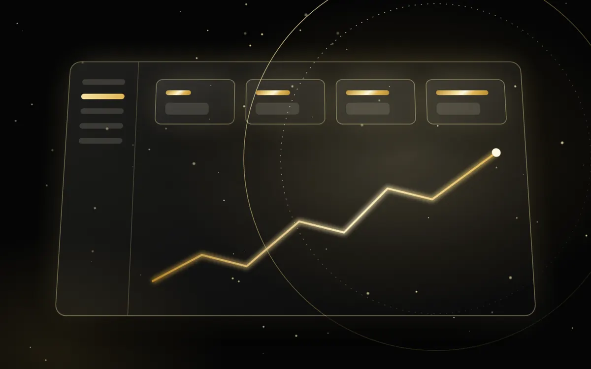 Ilustração de um painel com indicadores e um gráfico de linha dourado em alta