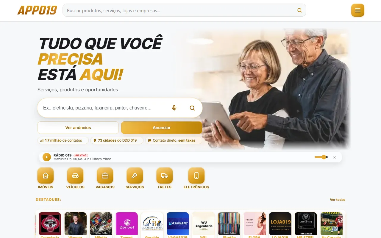 Página inicial do APP019 com busca de produtos e serviços, categorias e lojas em destaque