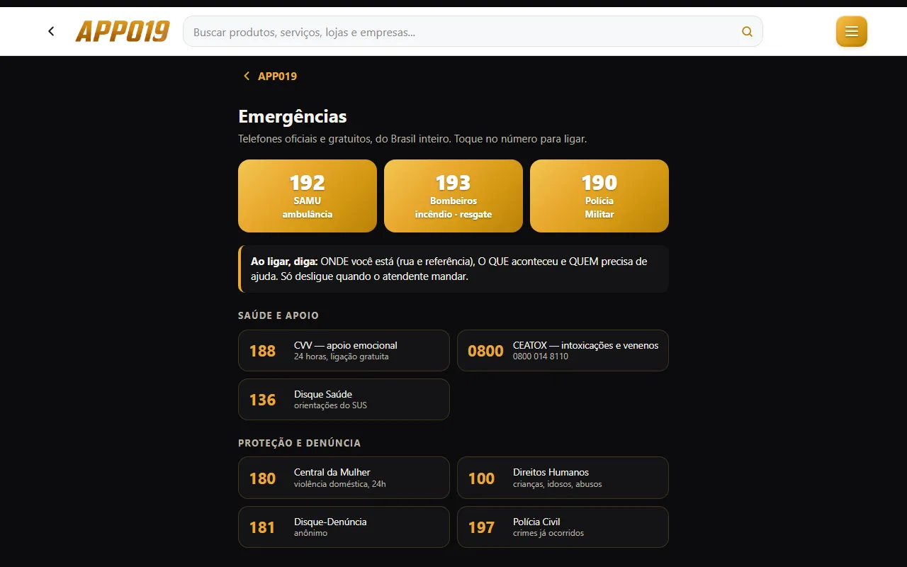 Página Emergências do APP019 com os telefones de SAMU, Bombeiros, Polícia e serviços de apoio