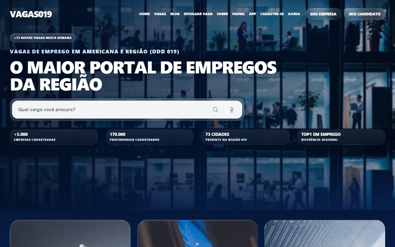 Página inicial do VAGAS019 com a busca de vagas de emprego da região 019