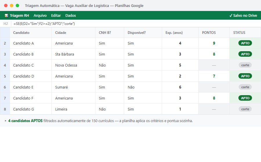 Planilha do Google filtrando e pontuando candidatos automaticamente
