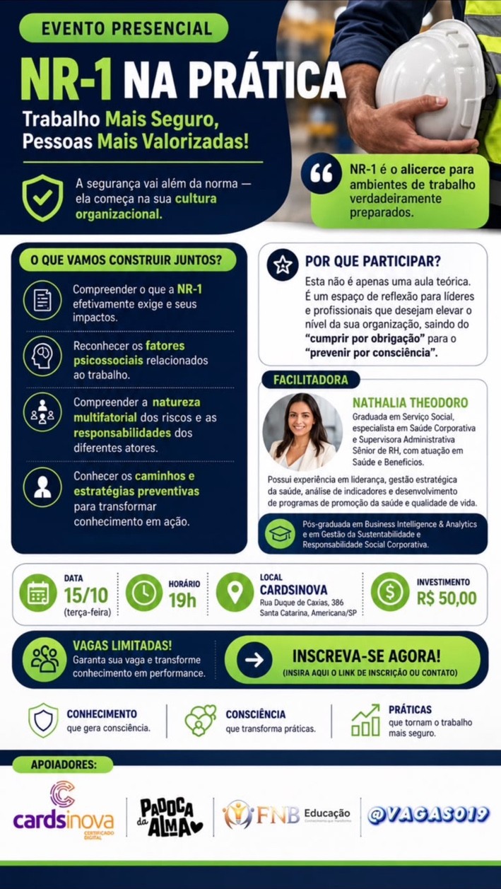 Panfleto original do evento NR-1 na Prática — Trabalho Mais Seguro, Pessoas Mais Valorizadas