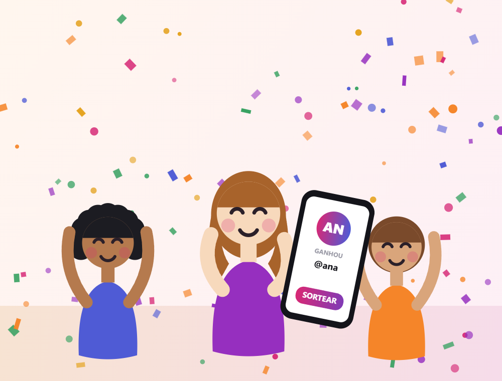 Ilustração de três pessoas comemorando juntas o resultado de um sorteio