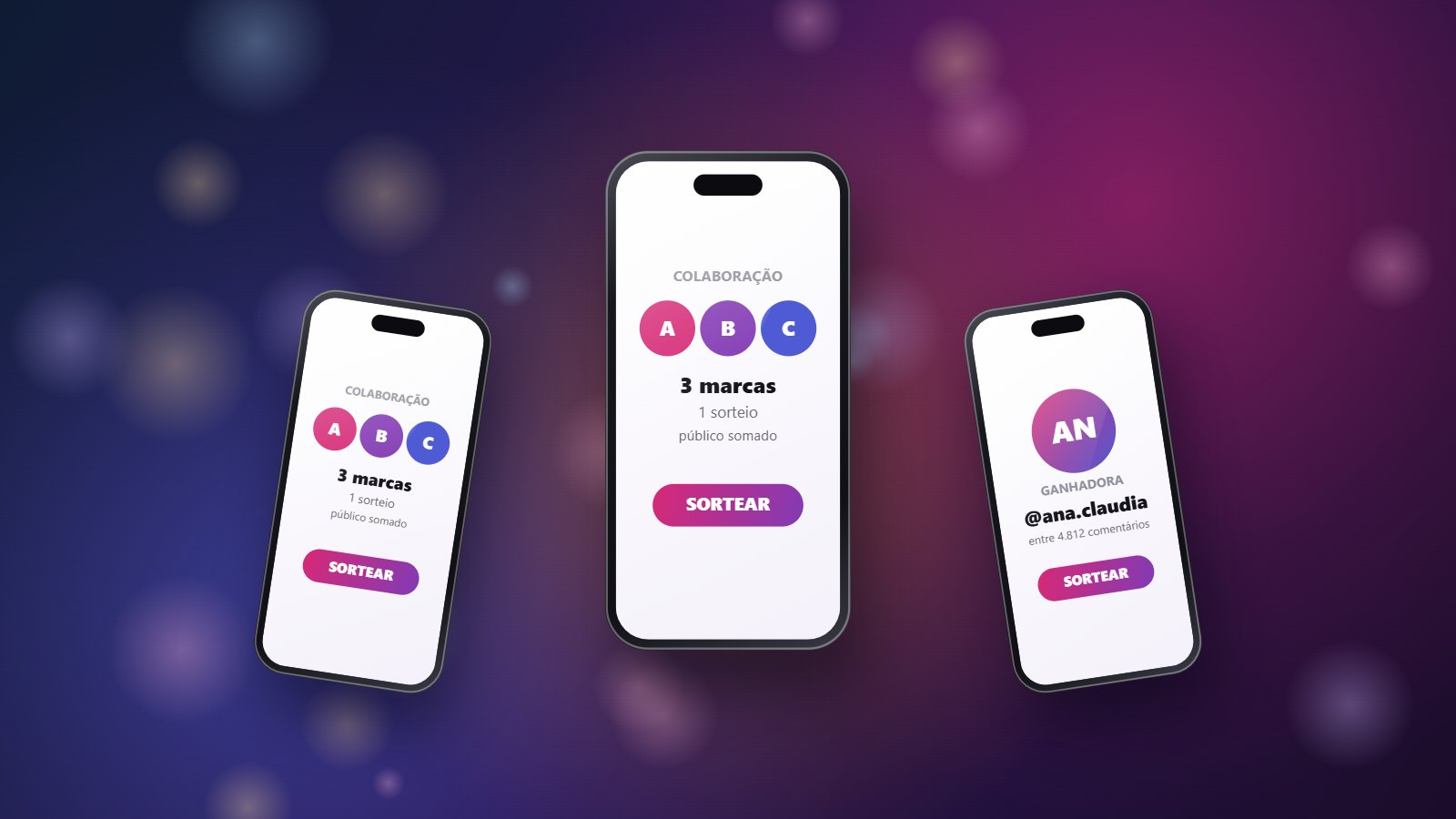 Três telas de celular lado a lado representando marcas parceiras numa mesma campanha