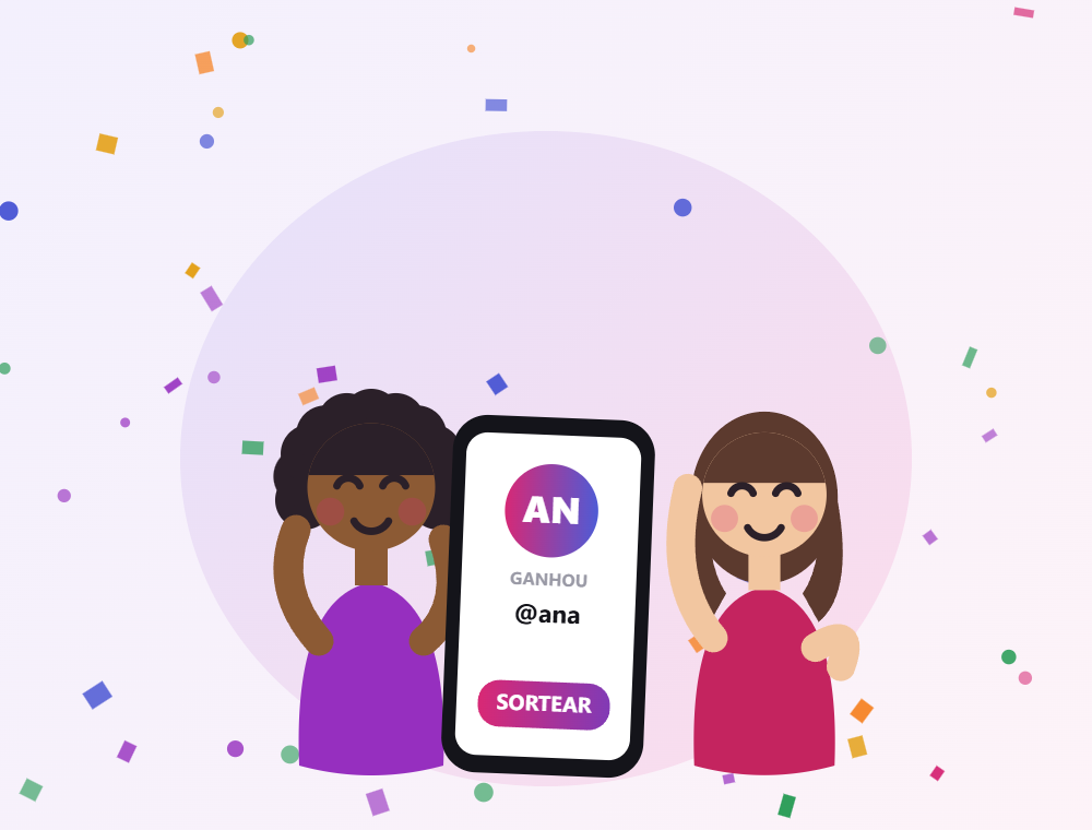 Ilustração de duas amigas olhando o celular com o resultado do sorteio