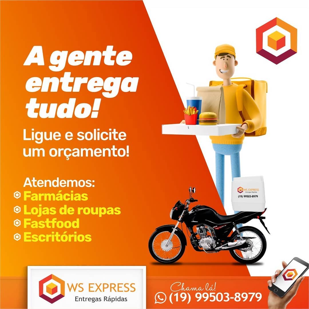Arte da WS Express: a gente entrega tudo, atendemos farmácias, lojas, fast food e escritórios